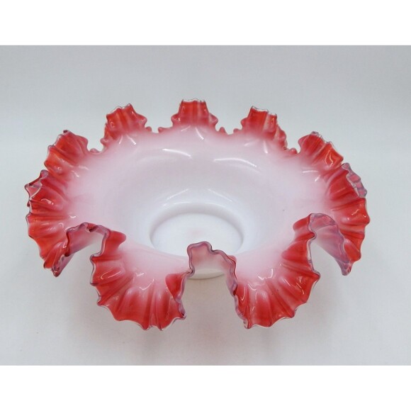 Victorian Brides Basket Bowl Cranberry Pink White Milk Glass Ruffled Rim 11 Inch - Picture 1 of 10